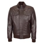 WeeBroz Men's Brown Leather Bomber Flight Jacket Casual Zip-up Jacket