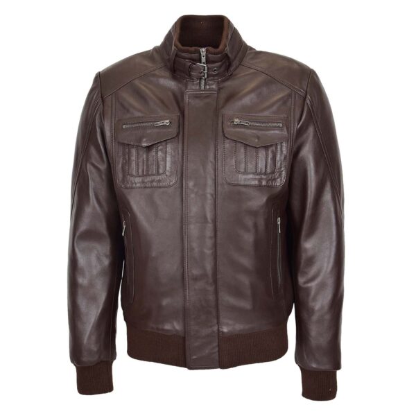 WeeBroz Men's Brown Leather Bomber Flight Jacket Casual Zip-up Jacket - Image 1
