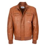 WeeBroz Men's Tan Leather Bomber Flight Jacket Casual Outerwear