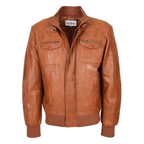 WeeBroz Men's Tan Leather Bomber Flight Jacket Casual Outerwear - Image 1