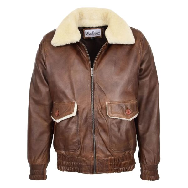 WeeBroz Men's Brown G-1 Leather Bomber Jacket Aviator Style - Image 1
