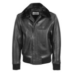 WeeBroz Men’s Black Leather Bomber Jacket Removable Collar Pilot Style