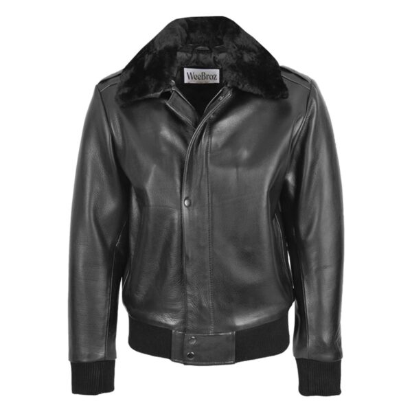 WeeBroz Men’s Black Leather Bomber Jacket Removable Collar Pilot Style - Image 1