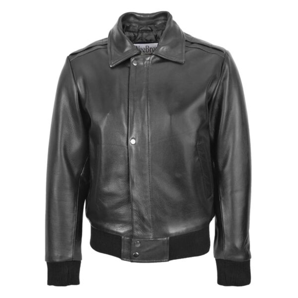 WeeBroz Men’s Black Leather Bomber Jacket Removable Collar Pilot Style - Image 3
