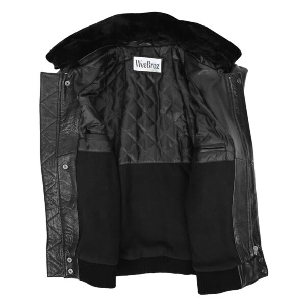 WeeBroz Men’s Black Leather Bomber Jacket Removable Collar Pilot Style - Image 5