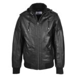 WeeBroz Men’s Black Leather Bomber Jacket with Detachable Hood