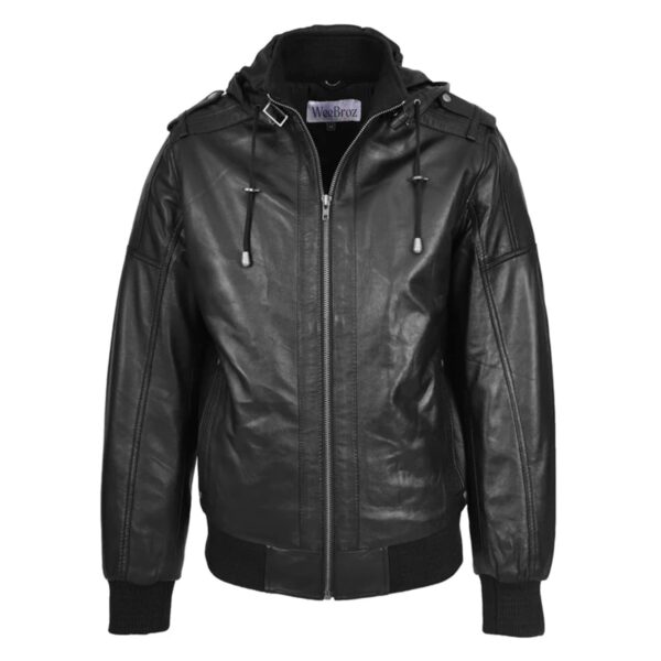 WeeBroz Men’s Black Leather Bomber Jacket with Detachable Hood - Image 1