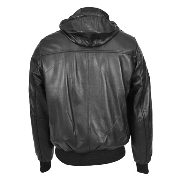 WeeBroz Men’s Black Leather Bomber Jacket with Detachable Hood - Image 2