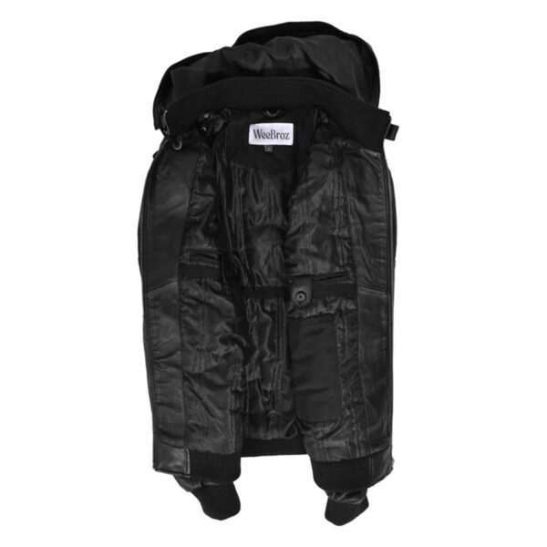 WeeBroz Men’s Black Leather Bomber Jacket with Detachable Hood - Image 4
