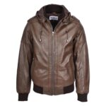 WeeBroz Men’s Brown Leather Bomber Jacket with Detachable Hood