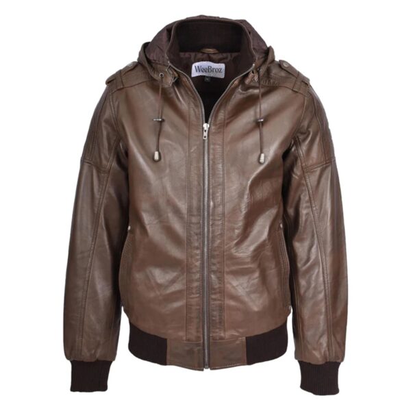 WeeBroz Men’s Brown Leather Bomber Jacket with Detachable Hood - Image 1