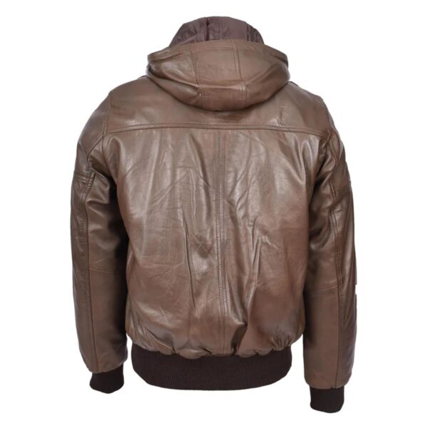WeeBroz Men’s Brown Leather Bomber Jacket with Detachable Hood - Image 2