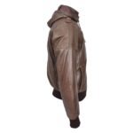 WeeBroz Men’s Brown Leather Bomber Jacket with Detachable Hood - Image 3