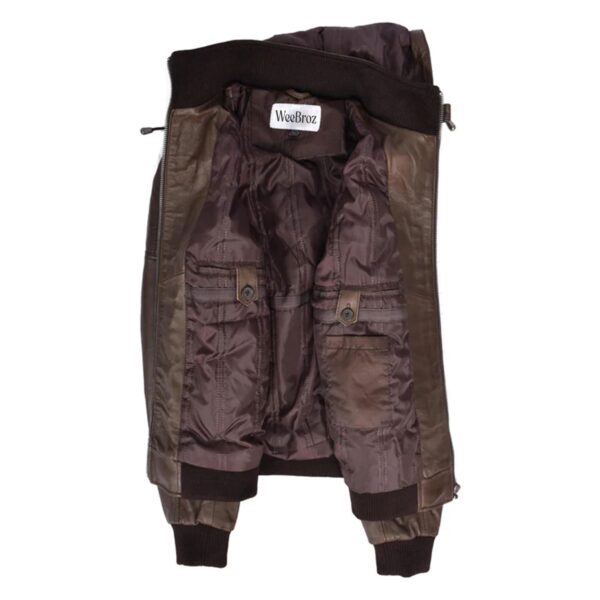 WeeBroz Men’s Brown Leather Bomber Jacket with Detachable Hood - Image 4