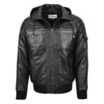WeeBroz Men's Black Leather Bomber Jacket with Hoodie Urban Streetwear