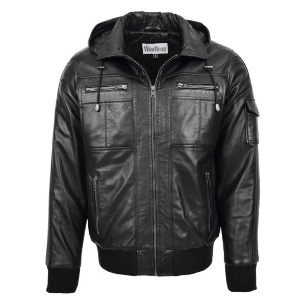 WeeBroz Men's Black Leather Bomber Jacket with Hoodie Urban Streetwear - Image 1