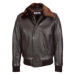 WeeBroz Men’s Brown Leather Bomber Jacket Removable Collar Pilot Style