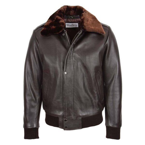WeeBroz Men’s Brown Leather Bomber Jacket Removable Collar Pilot Style - Image 1
