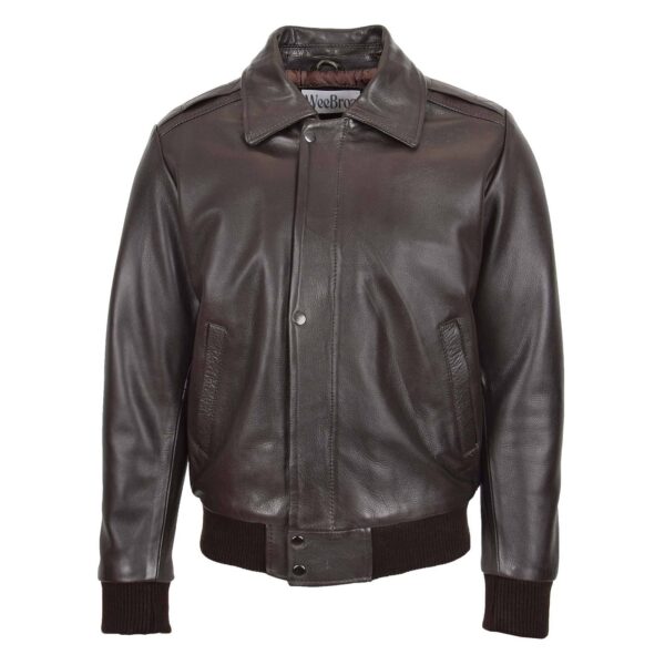 WeeBroz Men’s Brown Leather Bomber Jacket Removable Collar Pilot Style - Image 3