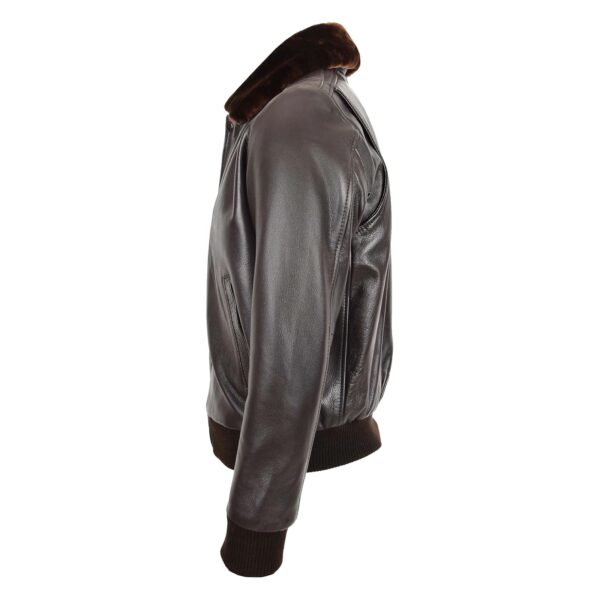 WeeBroz Men’s Brown Leather Bomber Jacket Removable Collar Pilot Style - Image 4