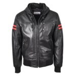 WeeBroz Men’s Black Leather Bomber Jacket Hooded Zip-Up Style