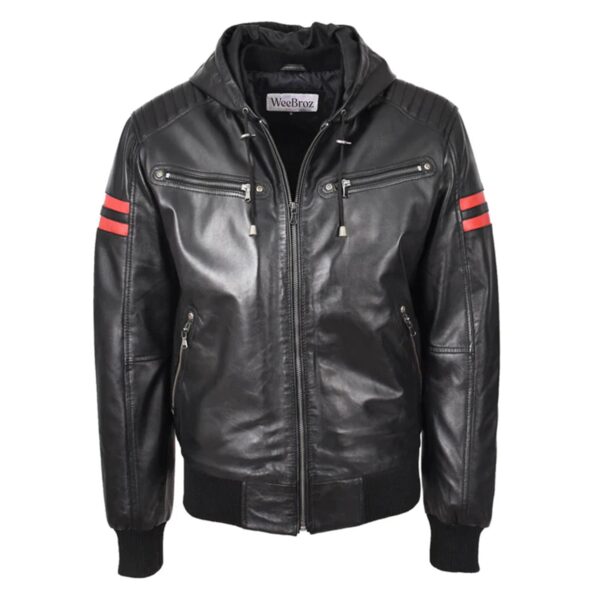 WeeBroz Men’s Black Leather Bomber Jacket Hooded Zip-Up Style - Image 1