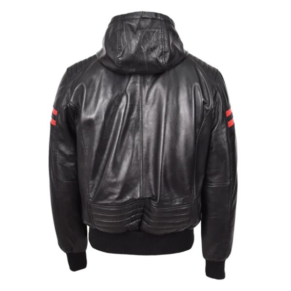 WeeBroz Men’s Black Leather Bomber Jacket Hooded Zip-Up Style - Image 2