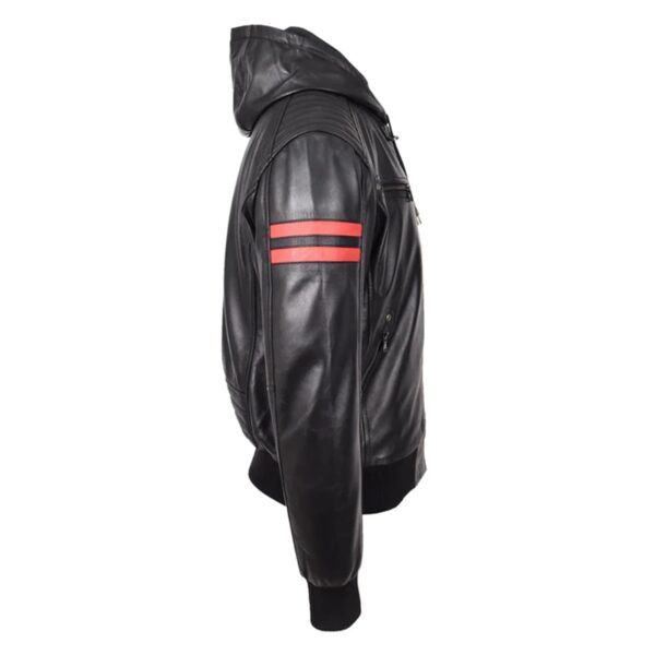 WeeBroz Men’s Black Leather Bomber Jacket Hooded Zip-Up Style - Image 3