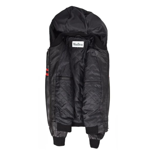 WeeBroz Men’s Black Leather Bomber Jacket Hooded Zip-Up Style - Image 4