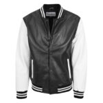 WeeBroz Men’s Black White Leather Bomber Jacket Varsity Style