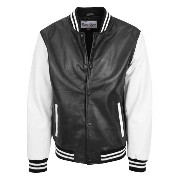WeeBroz Men’s Black White Leather Bomber Jacket Varsity Style - Image 1