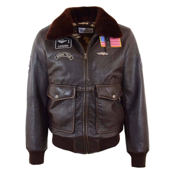 WeeBroz Men’s Brown G-1 Leather Bomber Jacket with Airforce Badges - Image 1