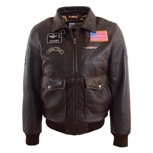WeeBroz Men’s Brown G-1 Leather Bomber Jacket with Airforce Badges - Image 3