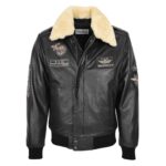 WeeBroz Men's Black N Leather Bomber Jacket with Detachable Collar