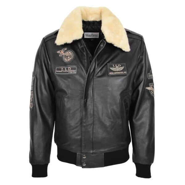 WeeBroz Men's Black N Leather Bomber Jacket with Detachable Collar - Image 1