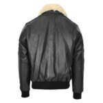 WeeBroz Men's Black N Leather Bomber Jacket with Detachable Collar - Image 2