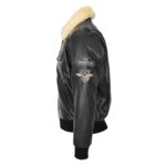 WeeBroz Men's Black N Leather Bomber Jacket with Detachable Collar - Image 4