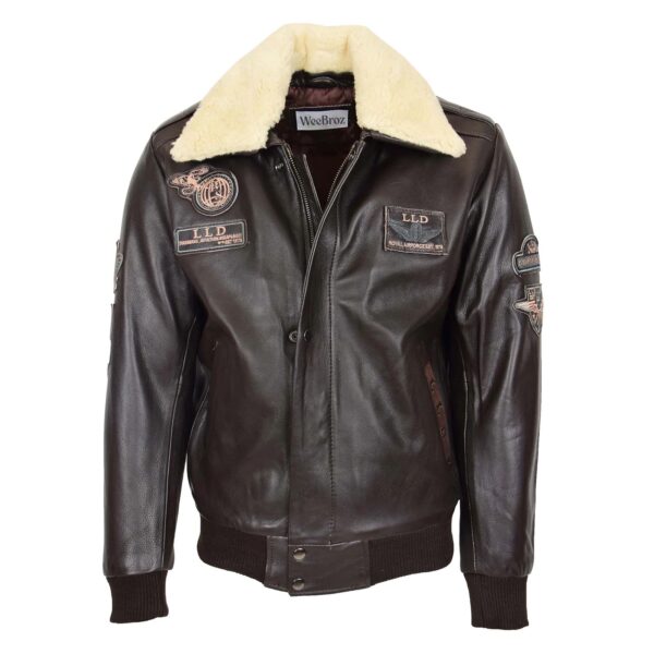 WeeBroz Men's Brown N Leather Bomber Jacket with Detachable Collar - Image 1