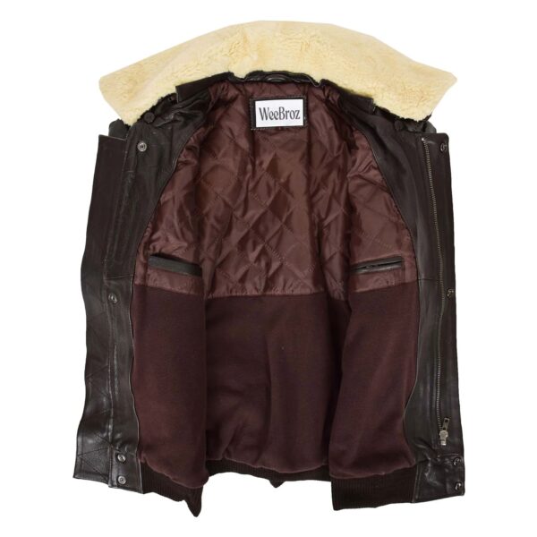 WeeBroz Men's Brown N Leather Bomber Jacket with Detachable Collar - Image 5