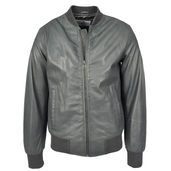 WeeBroz Men's Grey MA-1 Leather Bomber Jacket Clean-Cut Bomber Style - Image 1