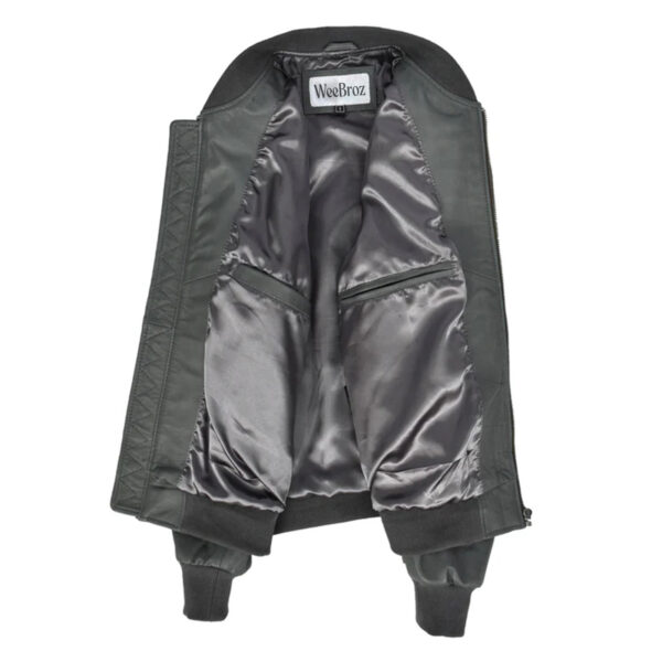 WeeBroz Men's Grey MA-1 Leather Bomber Jacket Clean-Cut Bomber Style - Image 4
