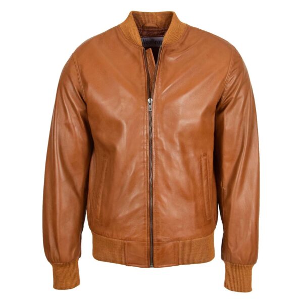 WeeBroz Men's Tan MA-1 Leather Bomber Jacket Sleek Design - Image 1