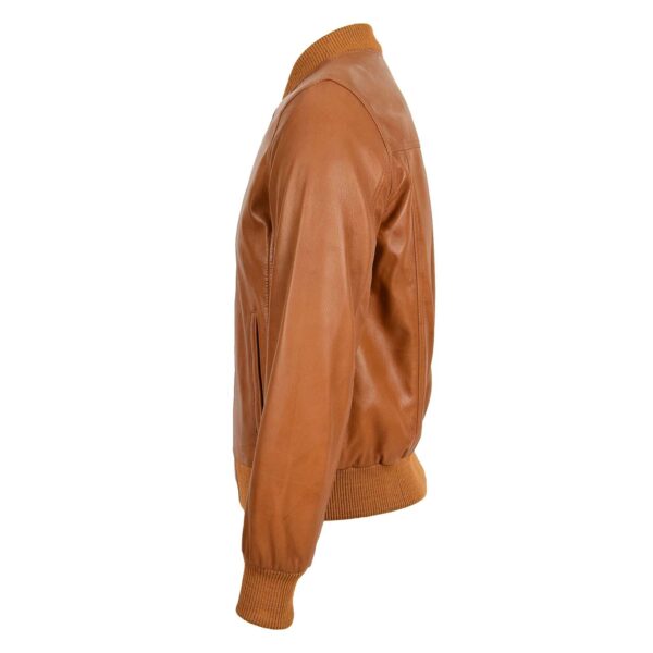 WeeBroz Men's Tan MA-1 Leather Bomber Jacket Sleek Design - Image 3