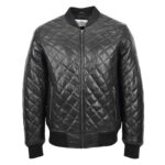 WeeBroz Men's Black Leather Bomber Jacket Quilted Style