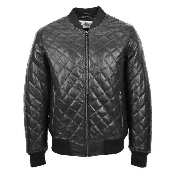 WeeBroz Men's Black Leather Bomber Jacket Quilted Style - Image 1
