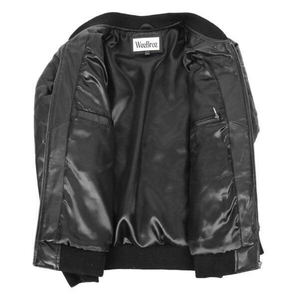 WeeBroz Men's Black Leather Bomber Jacket Quilted Style - Image 4
