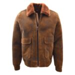 WeeBroz Men's Brown Sheepskin Leather Bomber Jacket Flying Shearling Style
