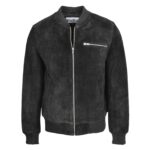 WeeBroz Men's Black Suede Leather Bomber Jacket in Classic Varsity Style