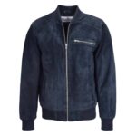 WeeBroz Men's Blue Suede Leather Bomber Jacket in Classic Varsity Style