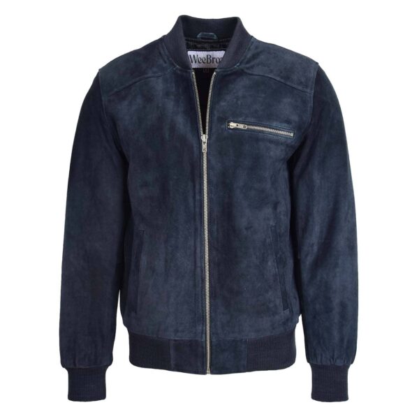WeeBroz Men's Blue Suede Leather Bomber Jacket in Classic Varsity Style - Image 1